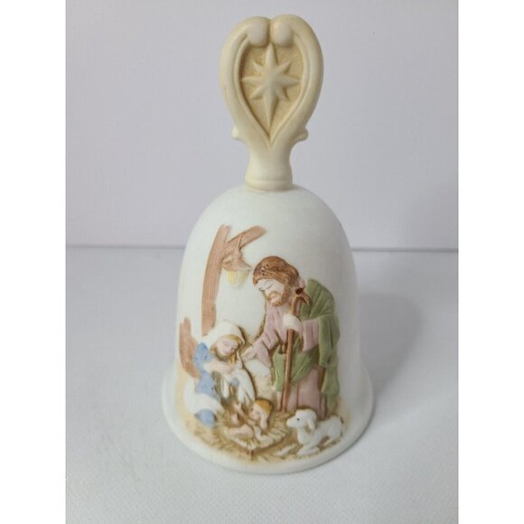 Vintage Homco Christmas Bell Nativity Scene Bisque Porcelain Jesus Mary Joseph - Picture 1 of 8